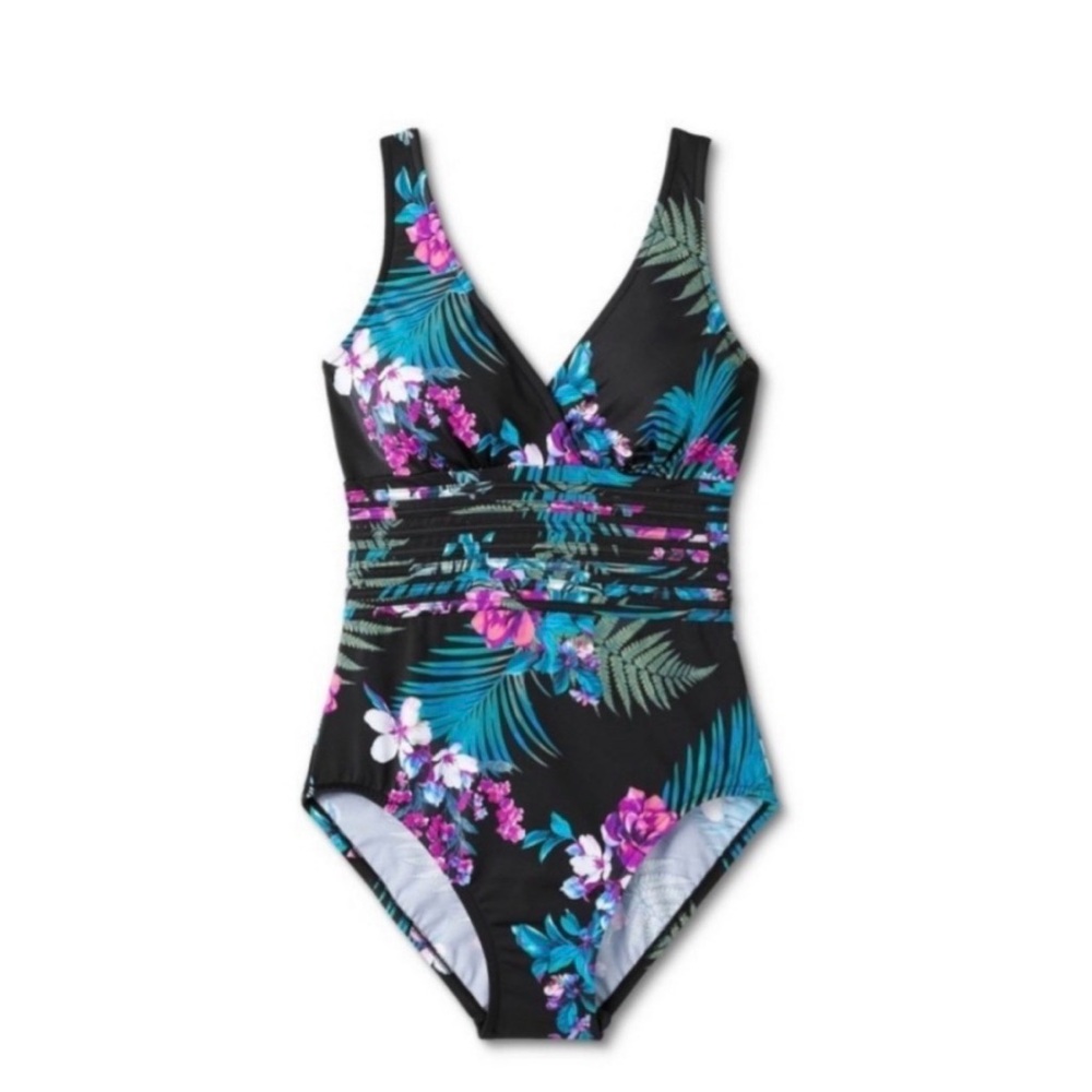 Aqua Green Floral One-Piece Slimming Swimsuit - Black and Purple - Picture 3 of 4